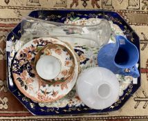 Ceramics & Glass: Gaudy Welsh style meat plate, blue jug, Royal Crown Derby and Kimberly pattern