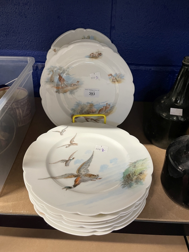 Paris porcelain hand painted plates each depicting a different hunting scene marked with impressed N