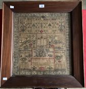 Textiles: 19th cent. Sampler by Mary Moggs aged 13 June 6th 1840, with Jesus on the Cross, trees,