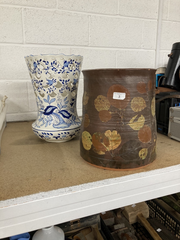 Studio pottery, large glazed terracotta pot in browns and ivories decorated with leaf motifs, - Image 2 of 4