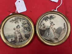 19th cent. English School: Pair of miniatures woman and children painted on silk in round brass