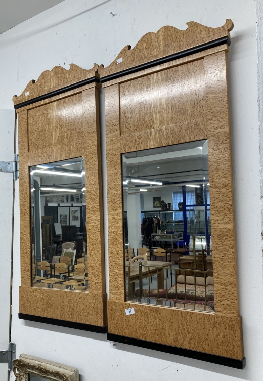 20th cent. Biedermeier style mirrors veneered in maple with shaped tops, ebonised moulding and - Image 2 of 3