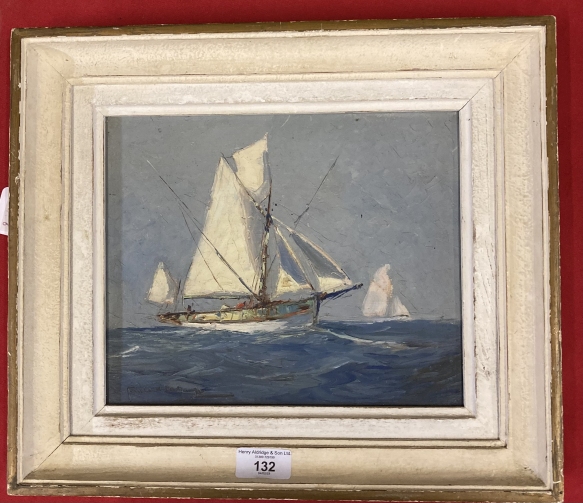 Gallard-Deschamps (1903-1984): Oil on board, tuna fishing boats at sea, signed lower left, framed.