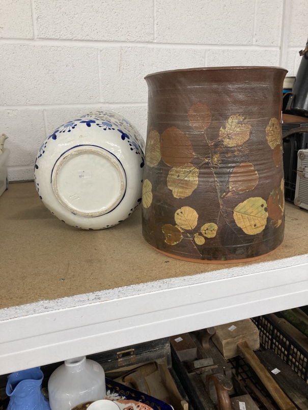 Studio pottery, large glazed terracotta pot in browns and ivories decorated with leaf motifs, - Image 3 of 4