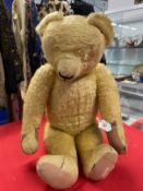 Toys: Chad Valley teddy bear, jointed, eyes missing, repair to one pad. Approx. 27ins.