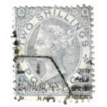 Stamps: GB 1867, SG120b, 2/- milky blue, plate 1 (QC), perforated, clipped perfs SW corner. Plus