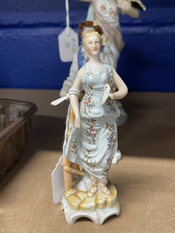 19th cent. German ceramic figurines - two muses, Arts and Music 5½ins. Plus another A/F, 8ins. All - Image 3 of 7