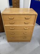 20th cent. Light oak G-Plan bedroom furniture comprising five drawer chest of drawers, 30ins. x