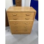 20th cent. Light oak G-Plan bedroom furniture comprising five drawer chest of drawers, 30ins. x