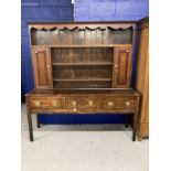 18th cent. Oak dresser three drawer base unit on chamfered supports with original brass furniture