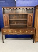 18th cent. Oak dresser three drawer base unit on chamfered supports with original brass furniture