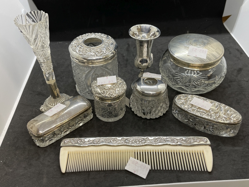 Hallmarked Silver: Dressing table items glass powder pot with silver top London 1926, glass vase