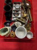 19th/early 20th cent. Objects of Vertu: Treen hardwood salts, ebony pill box, blue glass condiment