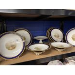 19th cent. Porcelain dessert service comports x 5, plates x 13, all with gilded edges and hand