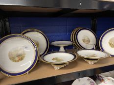 19th cent. Porcelain dessert service comports x 5, plates x 13, all with gilded edges and hand