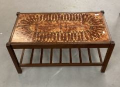 1970s teak coffee table the top with eight inset pottery tiles, square legs joined by a slat work