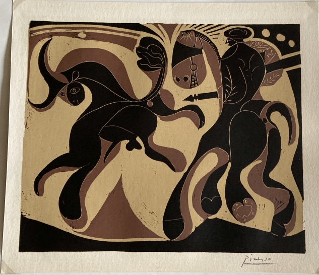 •(After) Pablo Picasso (1881-1973): Apres la Pique, original colour lino cut on woven paper realised