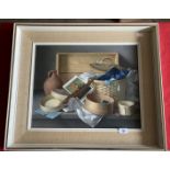 Gerald Norden: Oil on board still life Baskets and Boxes, signed lower right Norden 68, framed. 15½