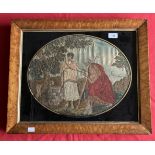 19th cent. Silk work embroidery, Rebecca at the Well, in burr maple frame. 14ins. x 19ins.