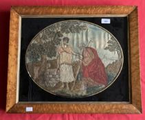 19th cent. Silk work embroidery, Rebecca at the Well, in burr maple frame. 14ins. x 19ins.