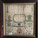 19th cent. Fine work sampler, religious texts with birds, butterflies, flower, windmill, etc.