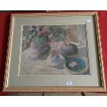 Jackie Simmonds 1944 still life with flowers and vases, pastel on paper, signed, bears label to