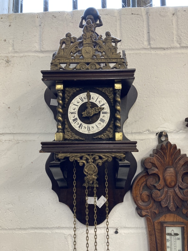 Clocks: Group of three to include 20th century reproduction Dutch start wall clock surmounted by a - Image 4 of 5