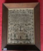 19th cent. Fine work sampler, religious text with birds, trees, house, etc. Eliza Ayris Kigston Nov.