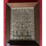 19th cent. Fine work sampler, religious text with birds, trees, house, etc. Eliza Ayris Kigston Nov.