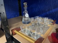 20th cent. Cocktail set comprising decanter with hallmarked silver collar and stopper, four glasses,