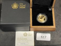 Coins/Numismatics: THE ROYAL MINT; a cased 2008 Britannia quarter ounce gold proof coin, fitted in