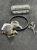 Jewellery: Silver assorted brooches x 4, one charm, two rings, one silver gilt, glass and silver