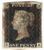 Stamps: GB 1840, SG2 1d black (SA) believed to be plate 2, four margins WM 2 obliterated by red
