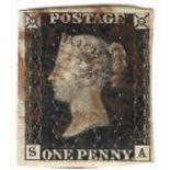 Stamps: GB 1840, SG2 1d black (SA) believed to be plate 2, four margins WM 2 obliterated by red