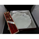 20th cent. Japanese Urushi ware white leaf bowl plus set of lacquered chopsticks, both boxed.