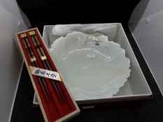 20th cent. Japanese Urushi ware white leaf bowl plus set of lacquered chopsticks, both boxed.