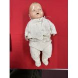 Toys: German baby doll, composition head and body, jointed arms and legs, blue glass eyes, open