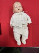 Toys: German baby doll, composition head and body, jointed arms and legs, blue glass eyes, open