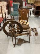 Rural Crafts: 20th cent. Reproduction working hardwood spinning wheels with associated bobbins and