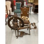 Rural Crafts: 20th cent. Reproduction working hardwood spinning wheels with associated bobbins and