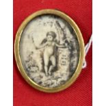 Continental School: 19th cent. Miniature portrait on ivory, putto stood by a tree with inscription