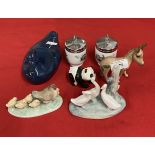 Ceramics: Poole blue pottery duck, Beswick donkey 4¼ins, Beswick panda 3ins, Lladro group of geese