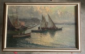 Early 20th cent. Welsh School: Oil on canvas, coastal study, fishing boats in a harbour, with