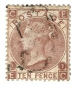 Stamps: GB 1867, SG112 10d, red brown, plate 1, WM 33, lightly cancelled.