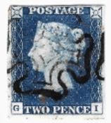 Stamps: GB 1840, SG4, 2d deep blue (GI), three good margins top thinned, WM 2 obliterated by black
