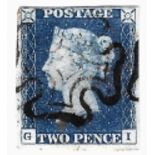 Stamps: GB 1840, SG4, 2d deep blue (GI), three good margins top thinned, WM 2 obliterated by black