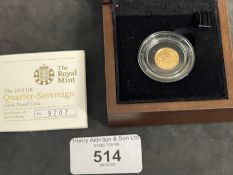 Coins/Numismatics: Royal Mint Queen Elizabeth II 2009 gold proof quarter sovereign coin, cased