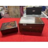Late 19th/early 20th cent. Mahogany fitted sewing box with mother of pearl inlay and a lacquer box.
