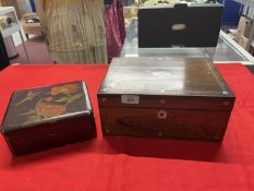 Late 19th/early 20th cent. Mahogany fitted sewing box with mother of pearl inlay and a lacquer box.