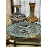 Pottery: Indian Bombay School of Art pottery vases one slip painted earthenware round body with a